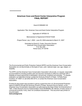 American Cave and Karst Center Interpretive Program: Final Report