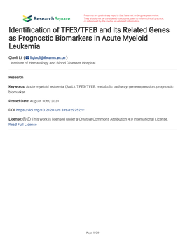 Identi Cation of TFE3/TFEB and Its Related Genes As Prognostic