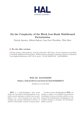 On the Complexity of the Block Low-Rank Multifrontal Factorization Patrick Amestoy, Alfredo Buttari, Jean-Yves L’Excellent, Théo Mary