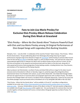 Fans to Join Lisa Marie Presley for Exclusive Elvis Presley Album Release Celebration During Elvis Week at Graceland