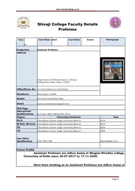 Shivaji College Faculty Details Proforma