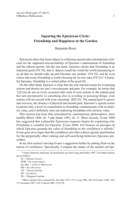 Squaring the Epicurean Circle: Friendship and Happiness in the Garden