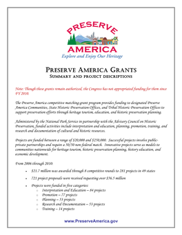Preserve America Grants Summary and Project Descriptions