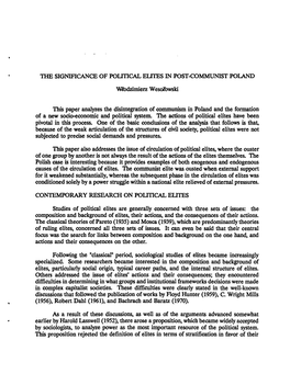 THE SIGNIFICANCE of POUTICAL EUTES in POST-COMMUNIST POLAND Wlodzimierz Wesol'owski This Paper Analyzes the Disintegration of Co