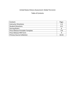 United States History Assessment: Global Terrorism Table of Contents