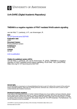 Catenin Signalling Van Der Wal, T.; Lambooij, J.-P.; Van Amerongen, R