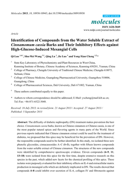 Identification of Compounds from the Water Soluble Extract of Cinnamomum Cassia Barks and Their Inhibitory Effects Against High-Glucose-Induced Mesangial Cells