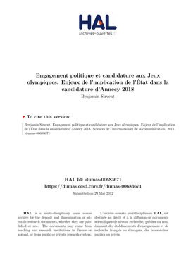 I. Candidater Aux Jeux Olympiques : Questions Sur L’Origine Et Les Formes D’Engagement Des États