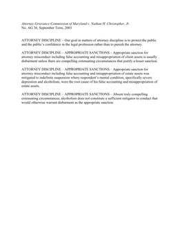 Attorney Grievance Commission of Maryland V. Nathan H. Christopher, Jr. No. AG 36, September Term, 2003 ATTORNEY DISCIPLINE