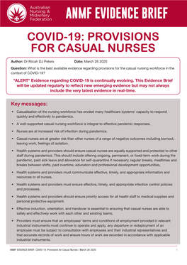 Anmf Evidence Brief Covid-19: Provisions for Casual Nurses