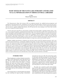 MAFIC ROCKS of the PANTS LAKE INTRUSION and RELATED Ni–Cu–Co MINERALIZATION in NORTH–CENTRAL LABRADOR