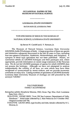 Type Specimens of Birds in the Museum of Natural Science, Louisiana State University