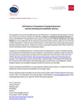 Phd Positions in Computational Topological Spintronics Johannes Gutenberg-Universität Mainz, Germany