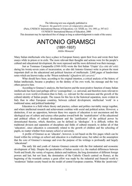 ANTONIO GRAMSCI (1891-1937) Attilio Monasta1