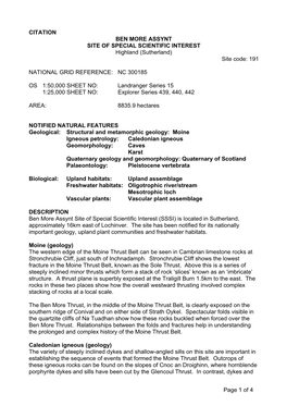 CITATION BEN MORE ASSYNT SITE of SPECIAL SCIENTIFIC INTEREST Highland (Sutherland) Site Code: 191