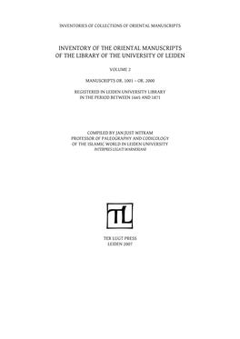 Inventory of the Oriental Manuscripts of the Library of the University of Leiden