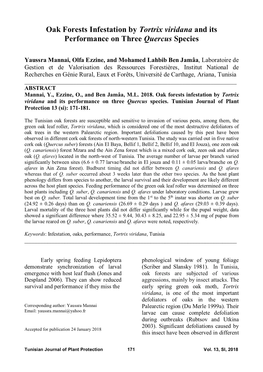 Oak Forests Infestation by Tortrix Viridana and Its Performance on Three Quercus Species