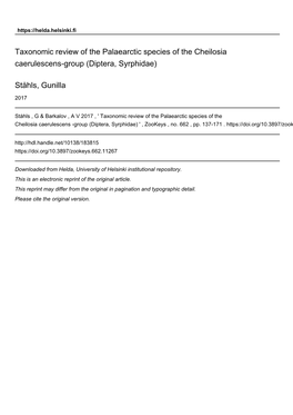 Taxonomic Review of the Palaearctic Species of the Cheilosia Caerulescens-Group (Diptera, Syrphidae)