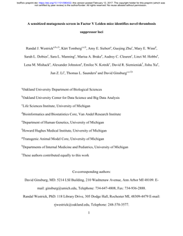 A Sensitized Mutagenesis Screen in Factor V Leiden Mice Identifies Novel Thrombosis