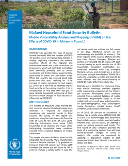 Malawi Household Food Security Bulletin Mobile Vulnerability Analysis and Mapping (Mvam) on the Effects of COVID-19 in Malawi – Round 1