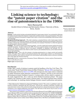 The “Patent Paper Citation” and the Rise of Patentometrics in the 1980S