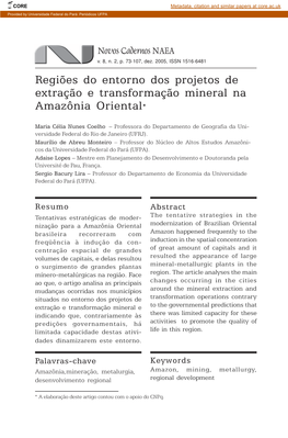 Regiões Do Entorno Dos Projetos De Extração E Transformação Mineral Na Amazônia Oriental*