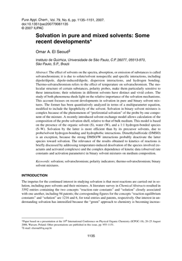 Solvation in Pure and Mixed Solvents: Some Recent Developments*