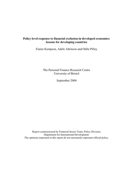 Policy Level Response to Financial Exclusion in Developed Economies: Lessons for Developing Countries