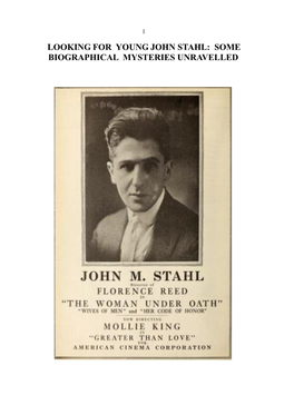 Looking for Young John Stahl: Some Biographical Mysteries Unravelled
