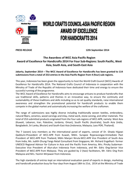 The Awardees of WCC Asia Pacific Region Award of Excellence for Handicrafts 2014 for Four Sub-Regions: South Pacific, West Asia, South Asia, and South-East Asia