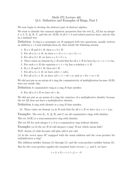 Math 371 Lecture #6 §3.1: Definition and Examples of Rings, Part I