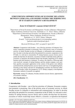 Strenthening Opportunities of Economic Relations Between Lithuania and Sweden Within the Perspective of It Startup Company's D