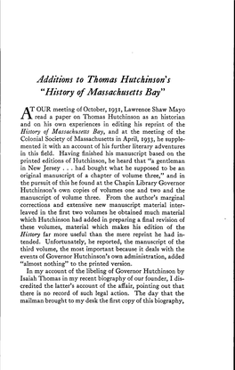 Additions to Thomas Hutchinson's *'History of Massachusetts Bay''