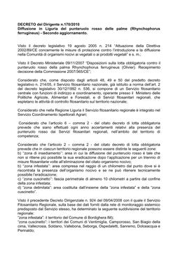 DECRETO Del Dirigente N.170/2010 Diffusione in Liguria Del Punteruolo Rosso Delle Palme (Rhynchophorus Ferrugineus) - Secondo Aggiornamento