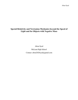 Special Relativity and Newtonian Mechanics Beyond the Speed of Light and for Objects with Negative Mass