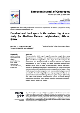 Perceived and Lived Space in the Modern City. a Case Study for Akadimia Platonos Neighborhood, Athens, Greece