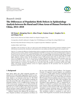 Research Article the Differences of Population Birth Defects in Epidemiology Analysis Between the Rural and Urban Areas of Hunan Province in China, 2014–2018