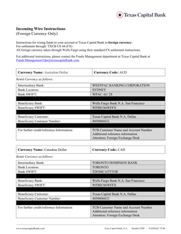 Incoming Wire Instructions (Foreign Currency Only)