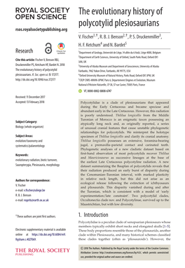 The Evolutionary History of Polycotylid Plesiosaurians Rsos.Royalsocietypublishing.Org V