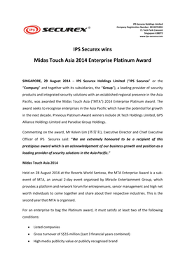 IPS Securex Wins Midas Touch Asia 2014 Enterprise Platinum Award