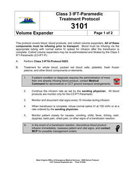 Class 3 IFT-Paramedic Treatment Protocol Volume Expander