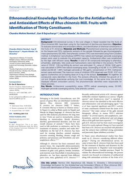 Phcogj.Com Ethnomedicinal Knowledge Verification for the Antidiarrheal and Antioxidant Effects of Rhus Chinensis Mill. Fruits Wi