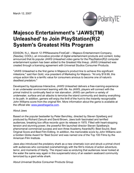 Majesco Entertainment's 'JAWS(TM) Unleashed' to Join Playstation(R)2 System's Greatest Hits Program