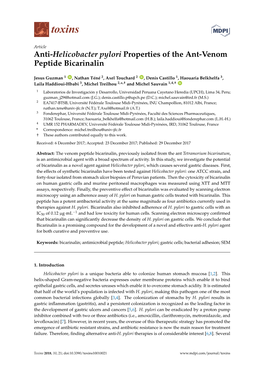 Anti-Helicobacter Pylori Properties of the Ant-Venom Peptide Bicarinalin