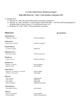 Plant List – Mary’S Notes Database, September 2011