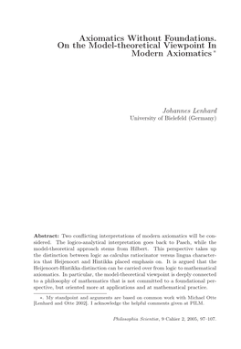 Axiomatics Without Foundations. on the Model-Theoretical Viewpoint in Modern Axiomatics ∗