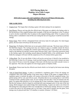 2019 Playing Rules for Hopkins Area Little League Majors Division