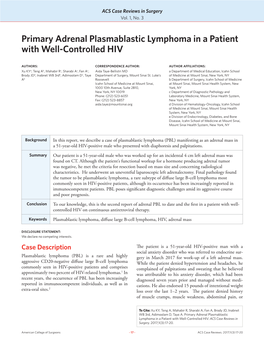 Primary Adrenal Plasmablastic Lymphoma in a Patient with Well-Controlled HIV