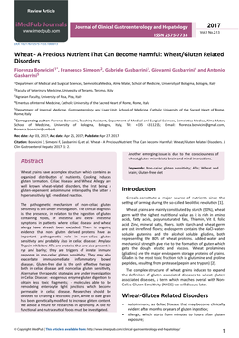 Wheat/Gluten Related Disorders Fiorenza Bonvicini1*, Francesco Simeoni2, Gabriele Gasbarrini3, Giovanni Gasbarrini4 and Antonio Gasbarrini5