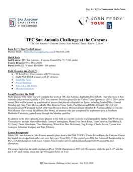 TPC San Antonio Challenge at the Canyons TPC San Antonio – Canyons Course | San Antonio, Texas | July 9-12, 2020